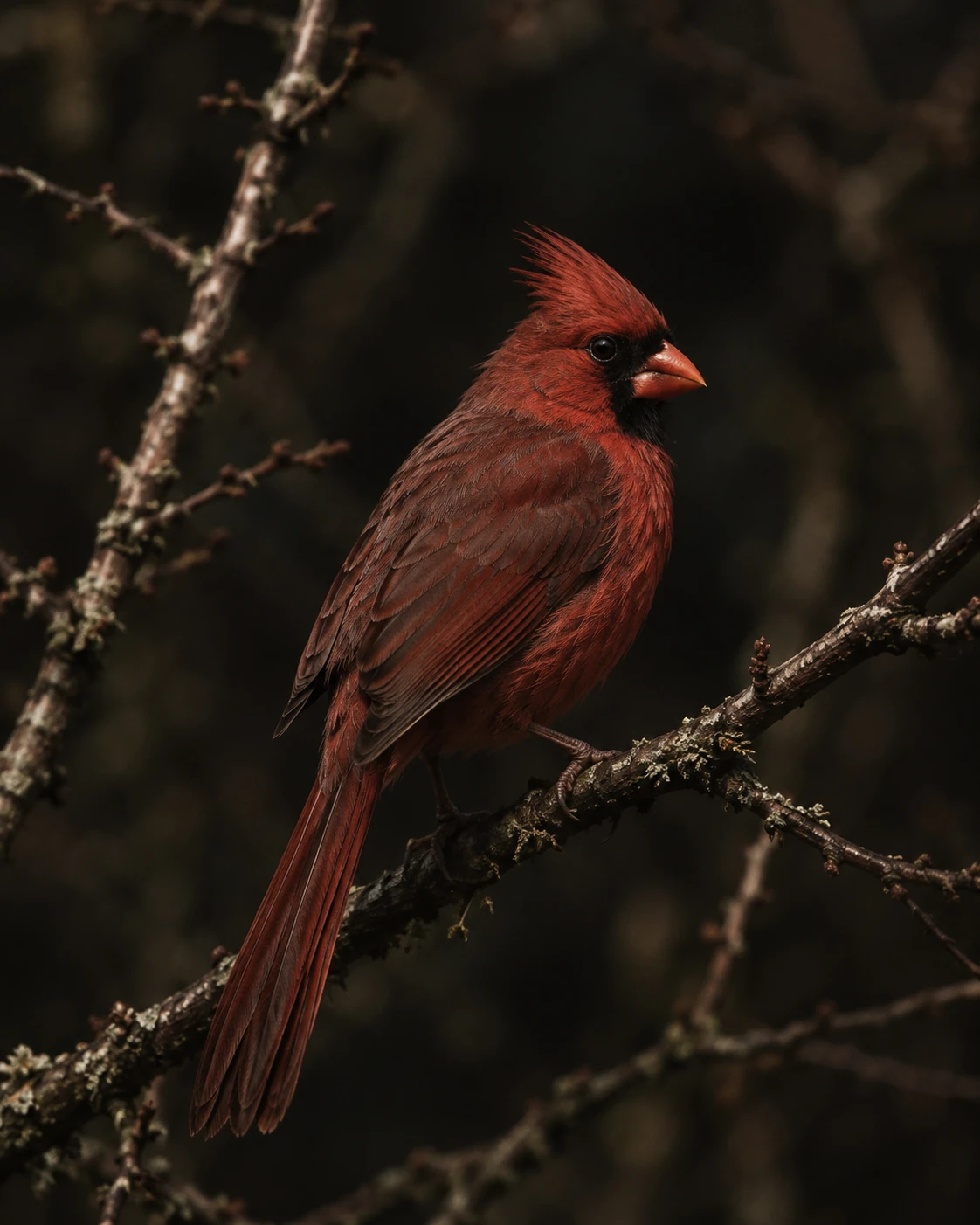 A crimson cardinal on a bare branch in the dark woodland