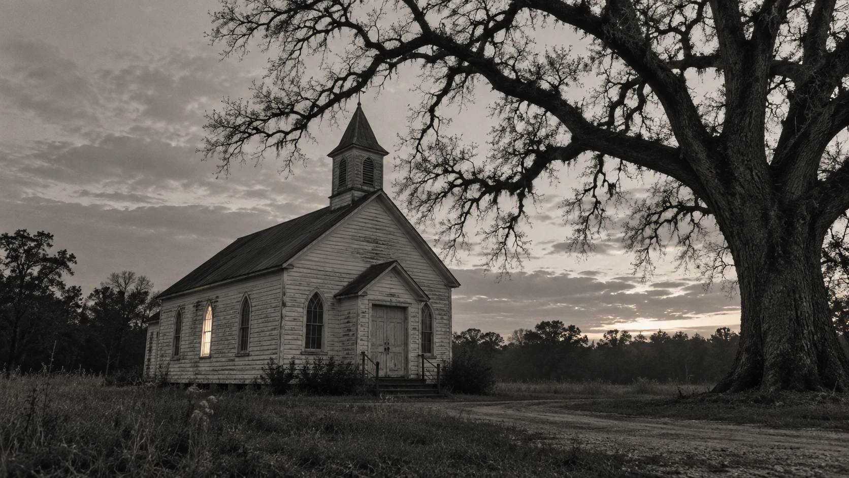 A deserted clapboard chapel with a single lit window beneath bare oak branches