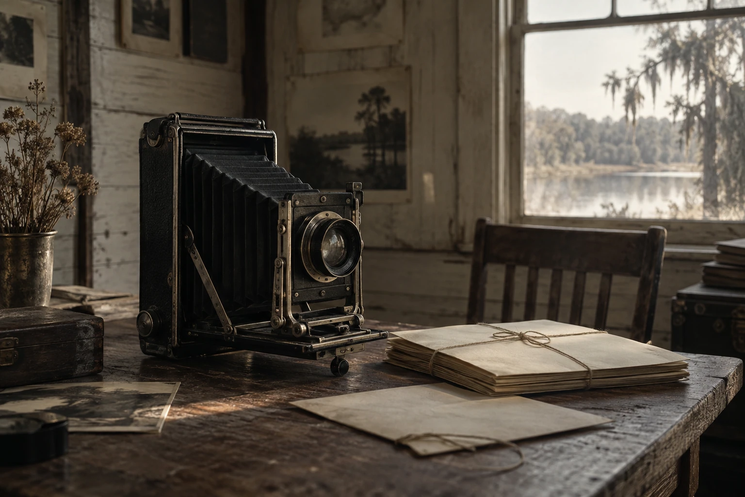 A bellows camera and tied papers in the window light of the old field office