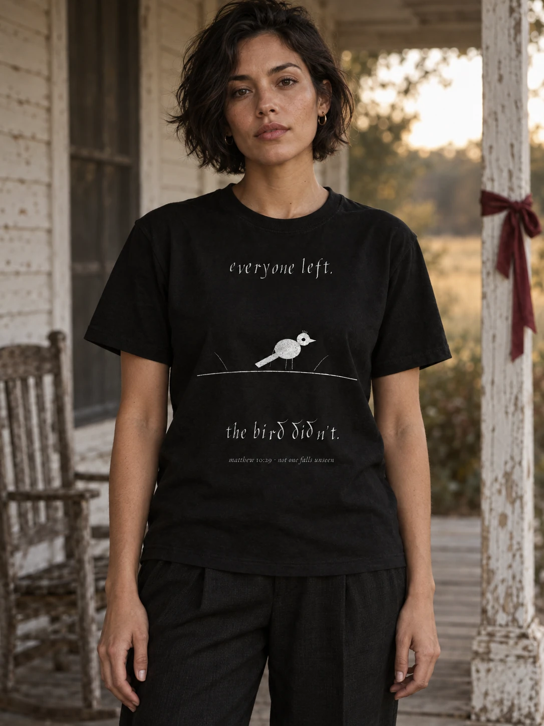 AI-generated campaign portrait of an adult model wearing the the cardinal; original product photographs are available in the file
