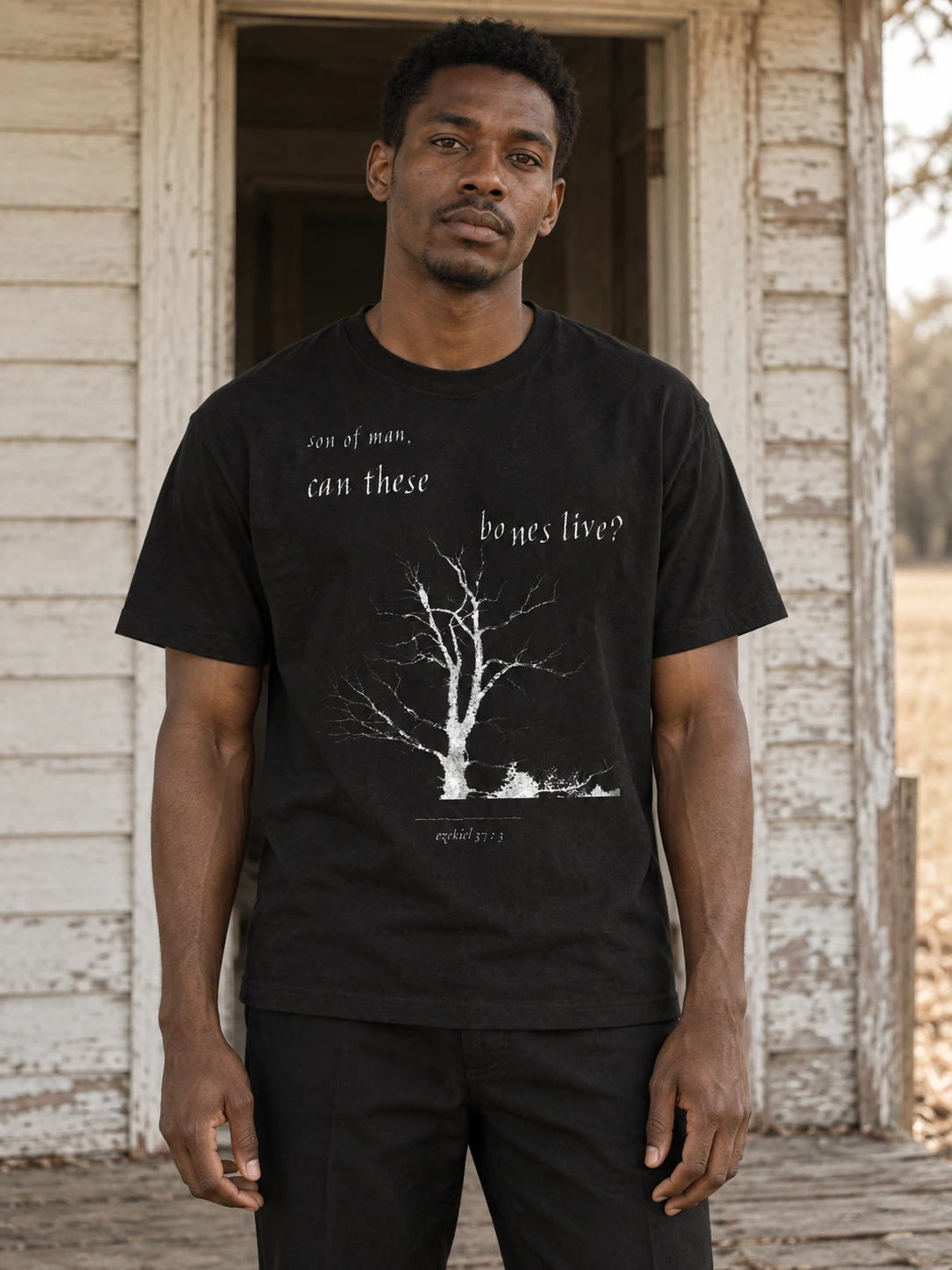 AI-generated campaign portrait of an adult model wearing the the scripture tee; original product photographs are available in the file