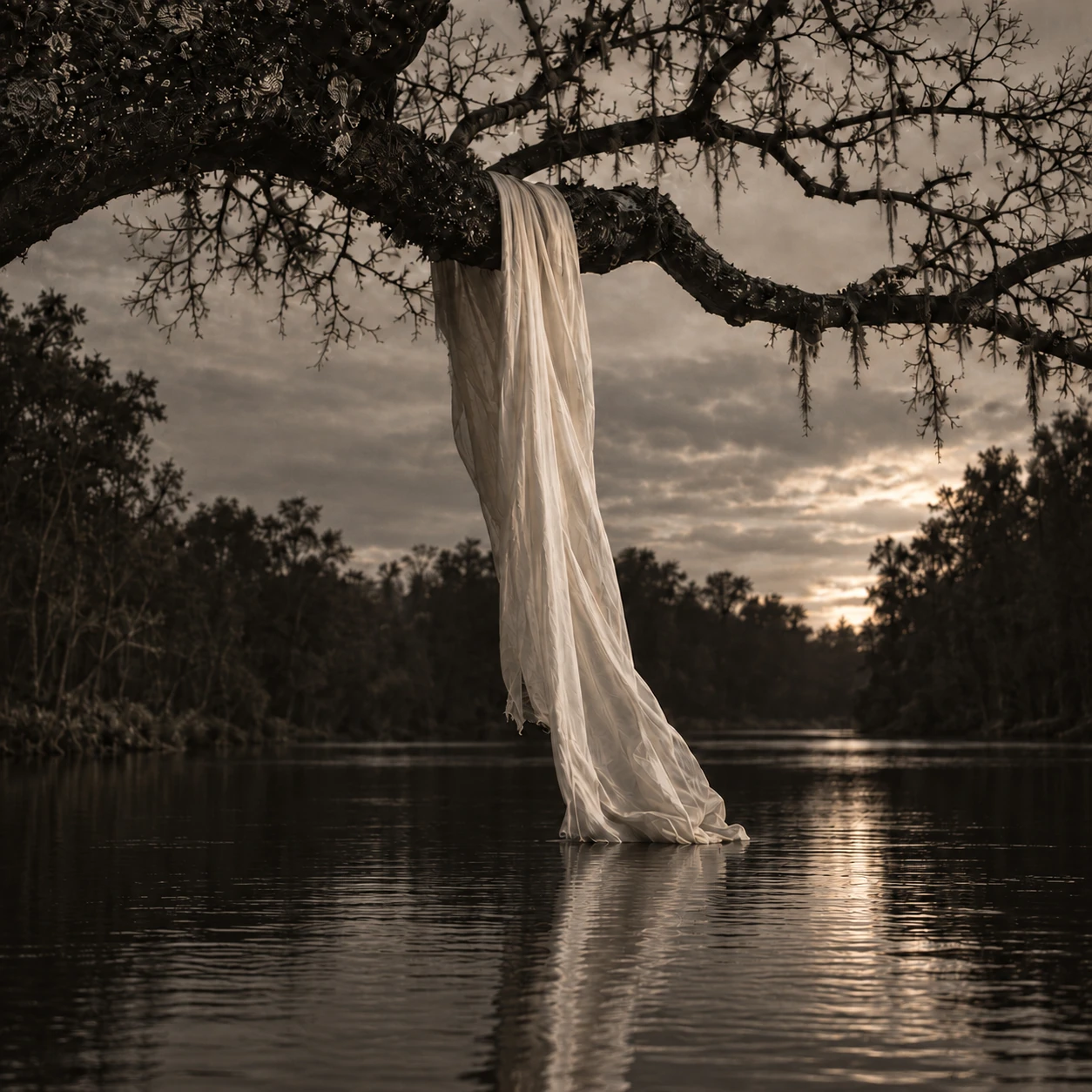 A long white silk sheet draped from an oak branch into the still water of a Southern river