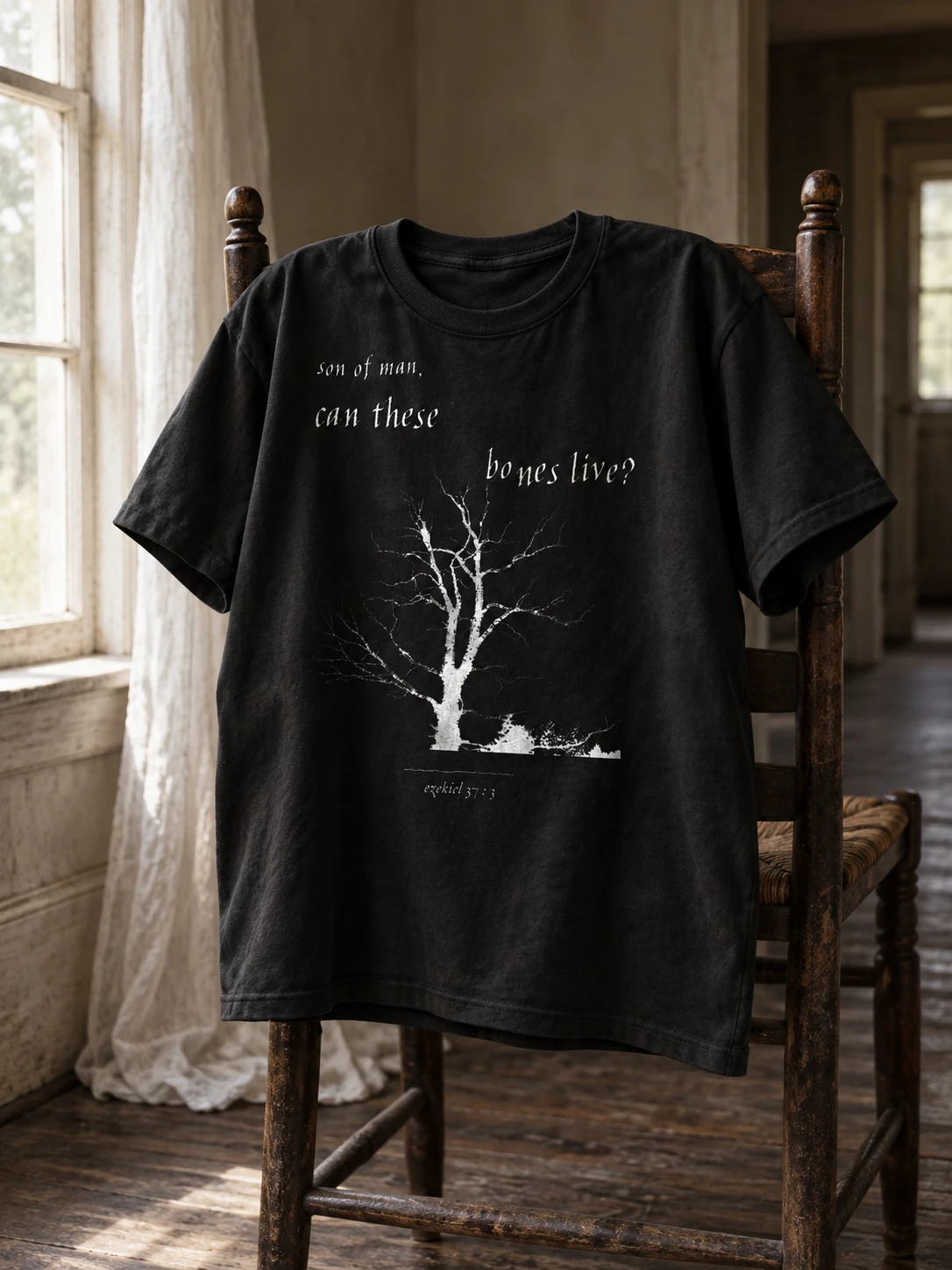 lot no. 001, the scripture tee — the question from ezekiel 37:3 screen printed over a dead tree