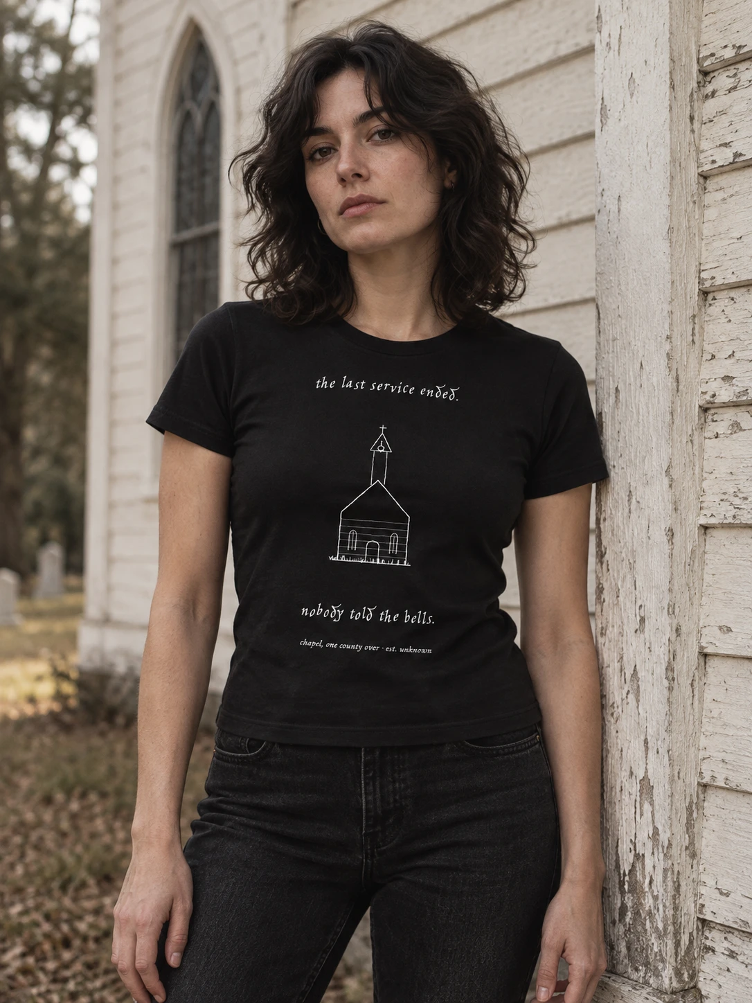 lot no. 002, the chapel baby tee — the clapboard chapel printed small on a fitted baby tee