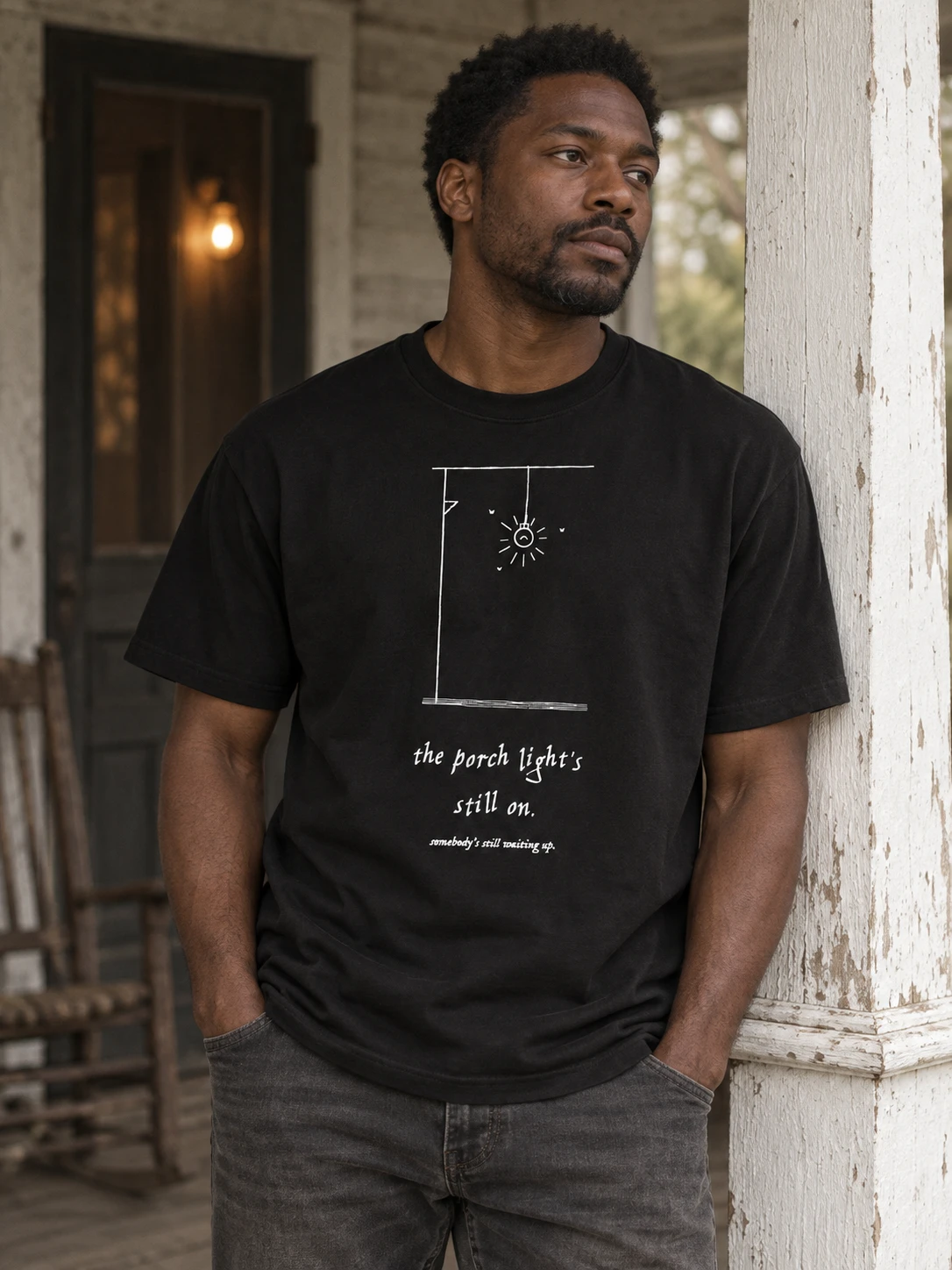 lot no. 005, the porch light — a sagging beam, one bulb burning, three moths that never learned